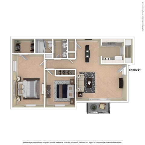 A floor plan of a house with a living room, kitchen, and two bathrooms.